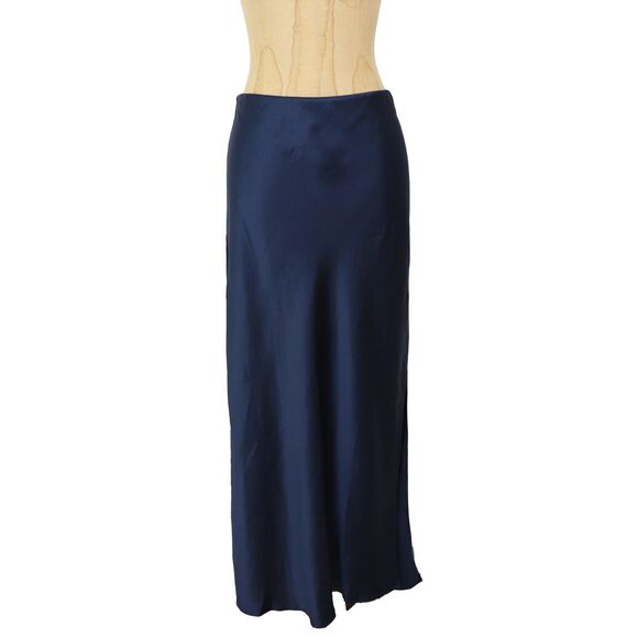 MADEWELL Satin Slip Maxi Skirt 14 Indigo Blue Slit Pull On - Picture 2 of 6
